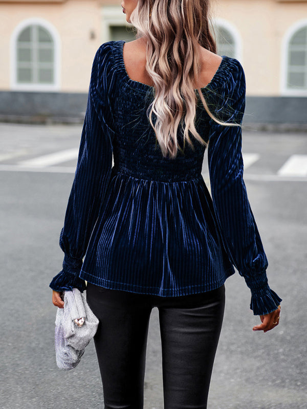 Bohemian Square Neck Smocked Long Sleeve Velvet Babydoll Top