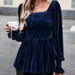 Bohemian Square Neck Smocked Long Sleeve Velvet Babydoll Top