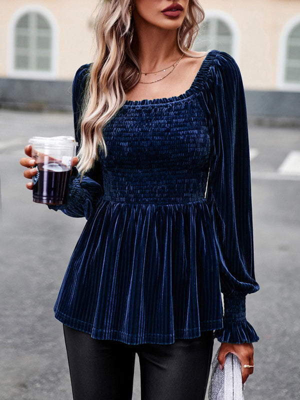 Bohemian Square Neck Smocked Long Sleeve Velvet Babydoll Top