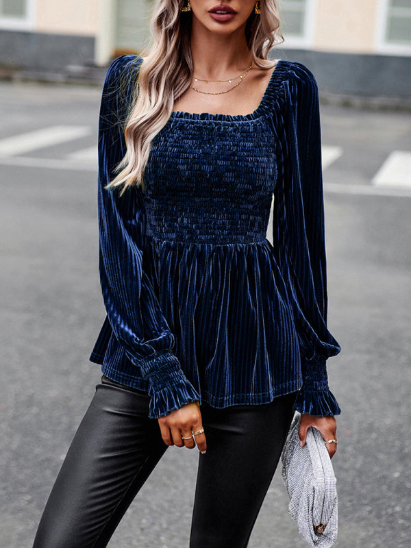 Bohemian Square Neck Smocked Long Sleeve Velvet Babydoll Top
