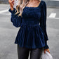 Bohemian Square Neck Smocked Long Sleeve Velvet Babydoll Top
