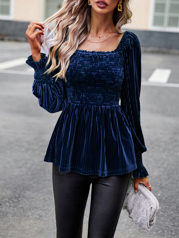Bohemian Square Neck Smocked Long Sleeve Velvet Babydoll Top