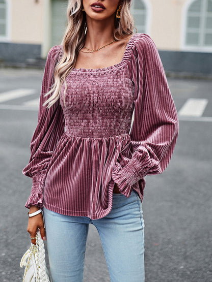 Bohemian Square Neck Smocked Long Sleeve Velvet Babydoll Top
