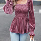 Bohemian Square Neck Smocked Long Sleeve Velvet Babydoll Top