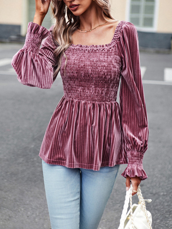 Bohemian Square Neck Smocked Long Sleeve Velvet Babydoll Top
