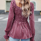Bohemian Square Neck Smocked Long Sleeve Velvet Babydoll Top