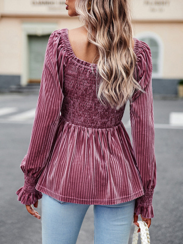 Bohemian Square Neck Smocked Long Sleeve Velvet Babydoll Top