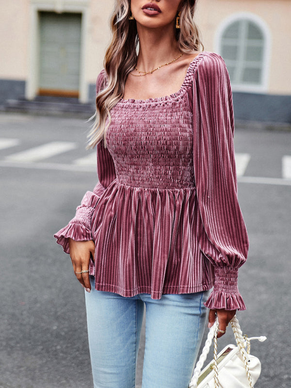 Bohemian Square Neck Smocked Long Sleeve Velvet Babydoll Top