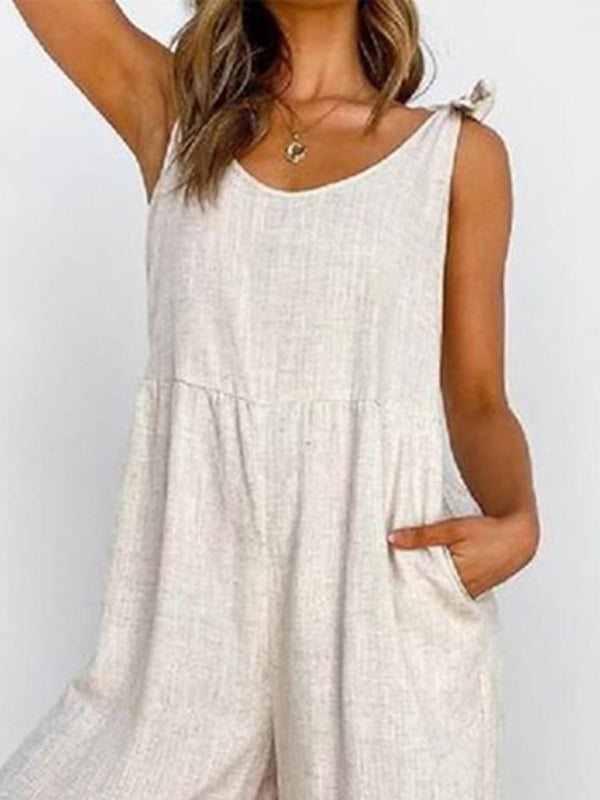 Boho Khaki Wide Leg Tie Shoulder Jumpsuit