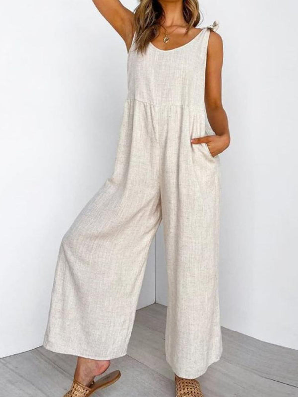 Boho Khaki Wide Leg Tie Shoulder Jumpsuit