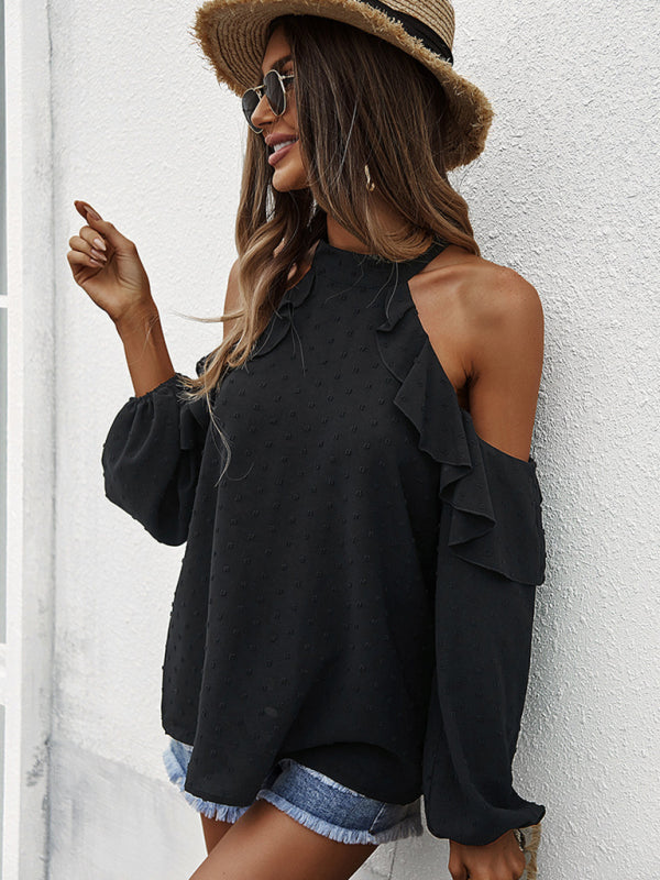 Boho Cold Shoulder Long Flounce Sleeve Black Blouse