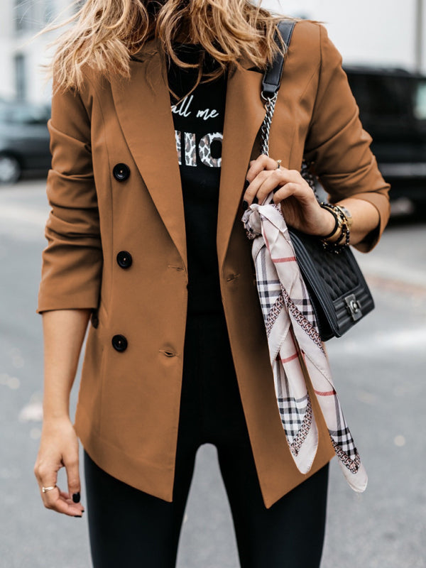 Fall Long Sleeve Double Breasted Button Front Career Jacket