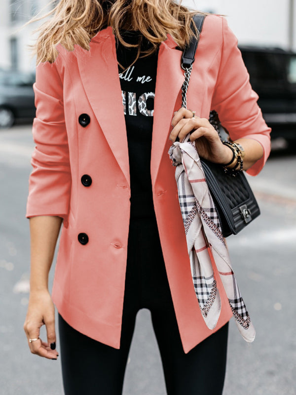 Fall Long Sleeve Double Breasted Button Front Career Jacket