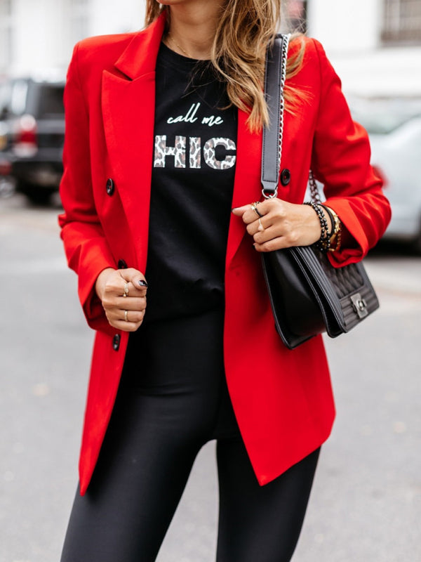 Fall Long Sleeve Double Breasted Button Front Career Jacket