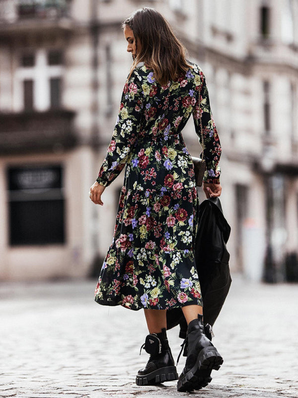 Bohemian Black Floral Long Sleeve Panel Maxi Dress