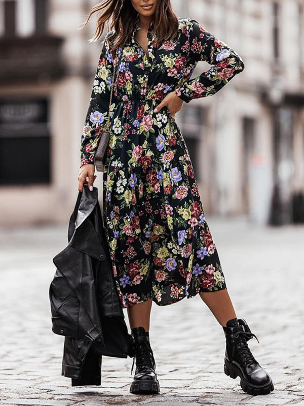 Bohemian Black Floral Long Sleeve Panel Maxi Dress