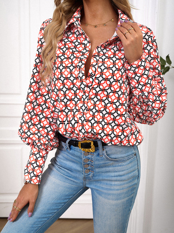 Bohemian Printed Loose Lantern Sleeve Blouse
