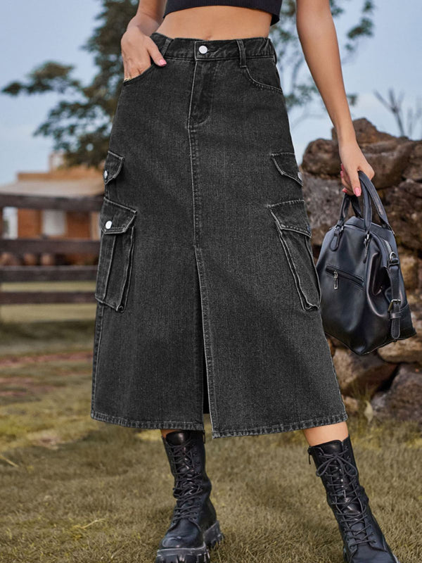 Denim Streetwear Cargo Casual Midi Skirt