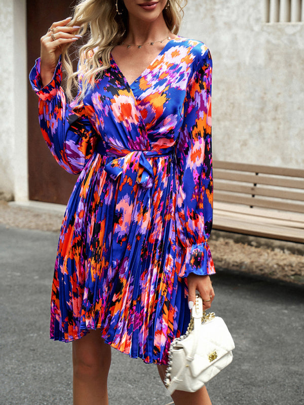 Bohemian Fall Floral Long Sleeve Pleated Wrap Dress OliverandJade