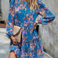 Boho Floral Print Round Neck Smocked Top Layered Dress