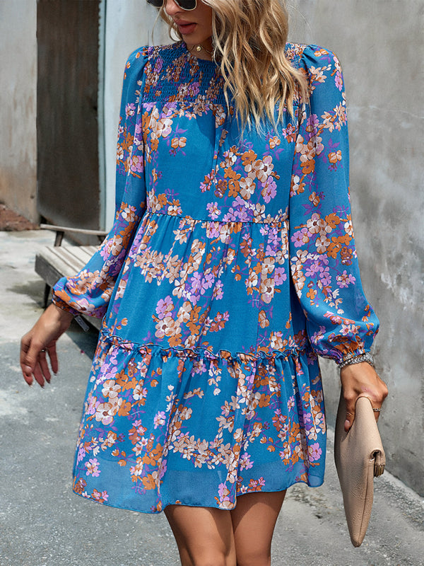 Boho Floral Print Round Neck Smocked Top Layered Dress