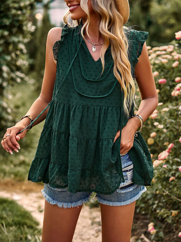 Boho Swiss Dot V-Neck Flutter Sleeves Babydoll Top