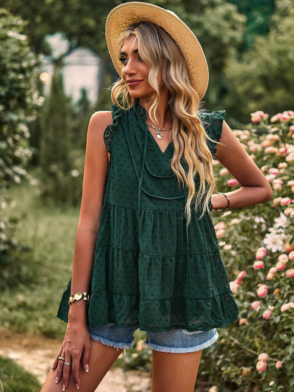 Boho Swiss Dot V-Neck Flutter Sleeves Babydoll Top