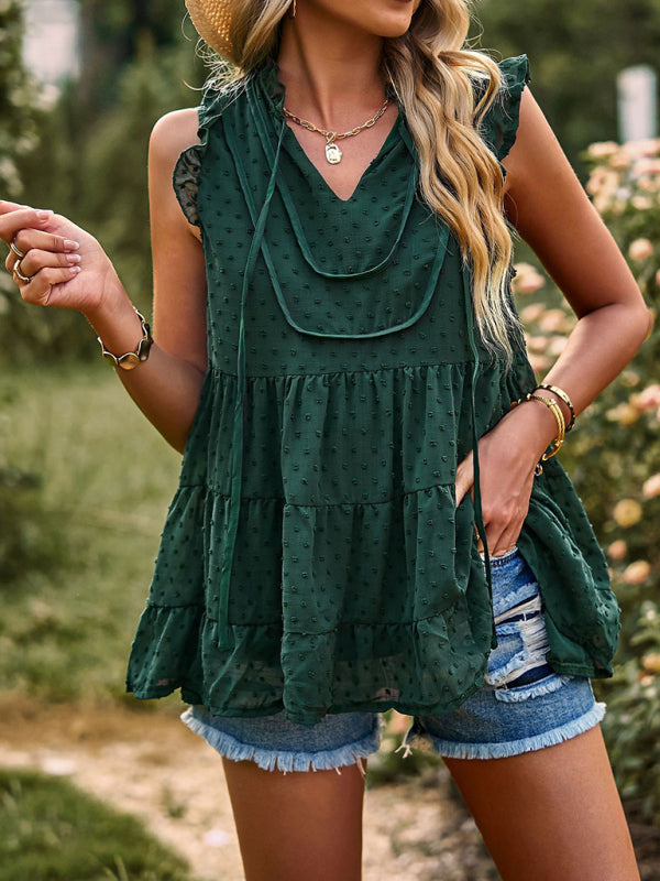 Boho Swiss Dot V-Neck Flutter Sleeves Babydoll Top