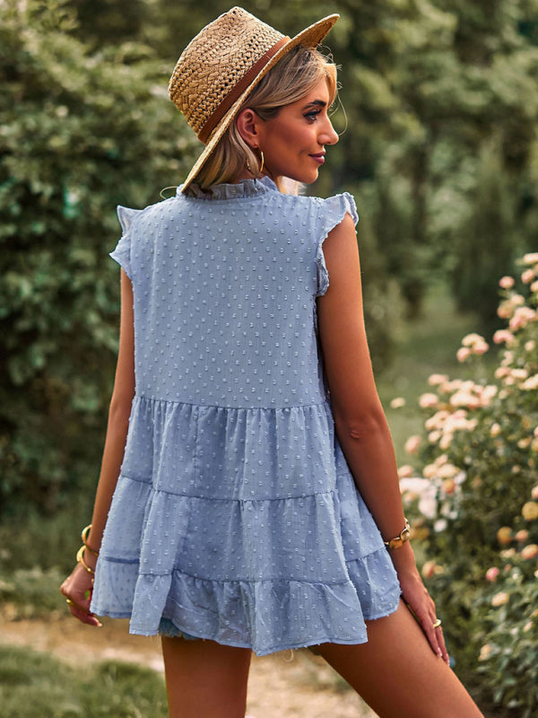 Boho Swiss Dot V-Neck Flutter Sleeves Babydoll Top