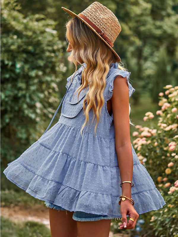 Boho Swiss Dot V-Neck Flutter Sleeves Babydoll Top