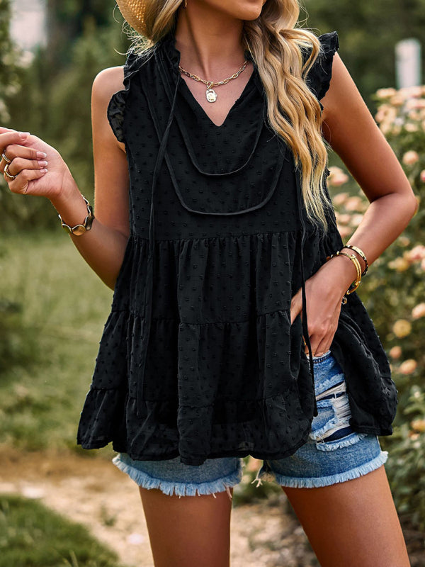 Boho Swiss Dot V-Neck Flutter Sleeves Babydoll Top