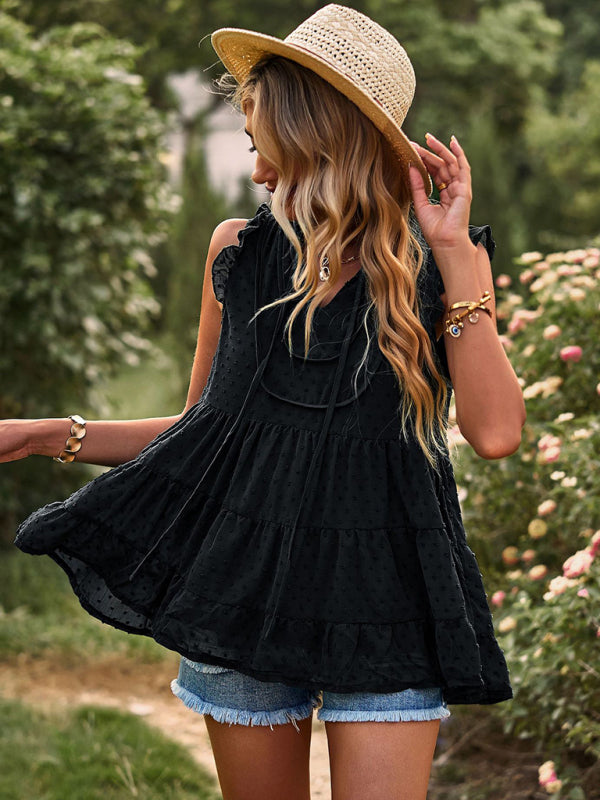 Boho Swiss Dot V-Neck Flutter Sleeves Babydoll Top