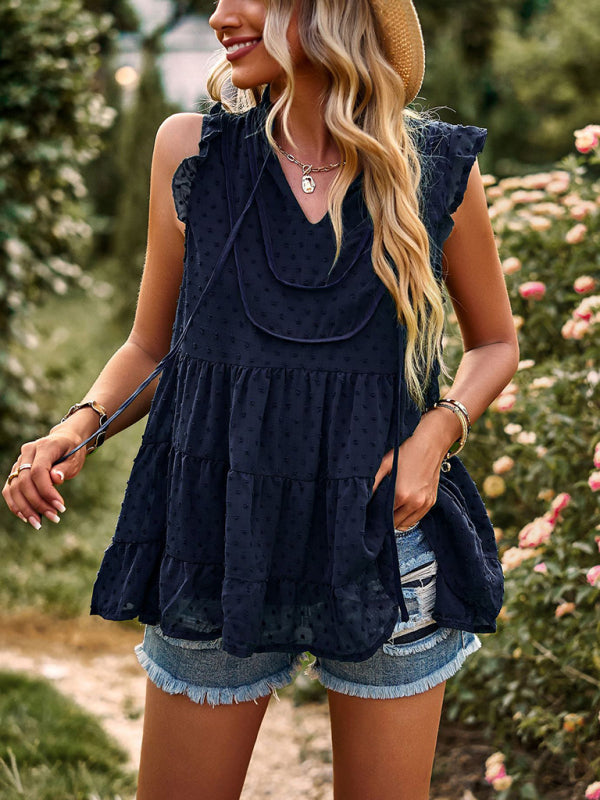 Boho Swiss Dot V-Neck Flutter Sleeves Babydoll Top