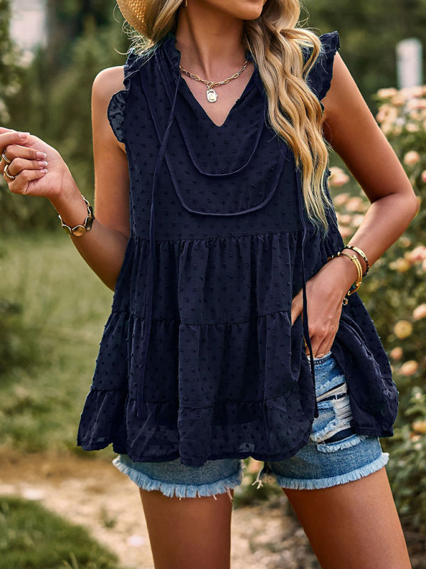 Boho Swiss Dot V-Neck Flutter Sleeves Babydoll Top