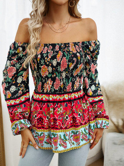 Bohemian Women's Fall Off the Shoulder Floral Square Neck Long Sleeve Top