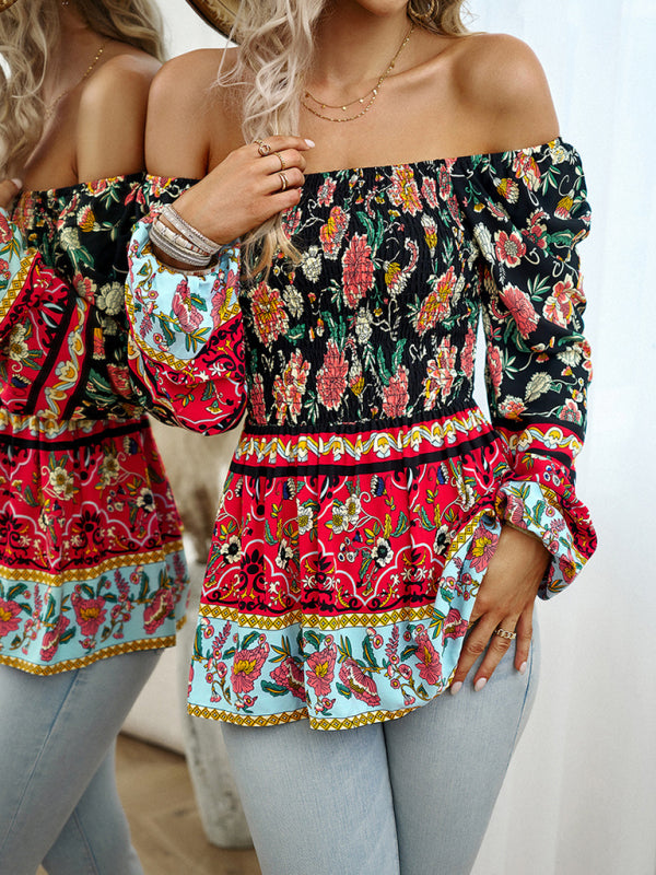 Bohemian Women's Fall Off the Shoulder Floral Square Neck Long Sleeve Top