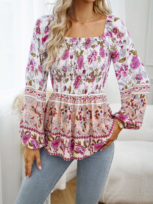 Bohemian Women's Fall Off the Shoulder Floral Square Neck Long Sleeve Top