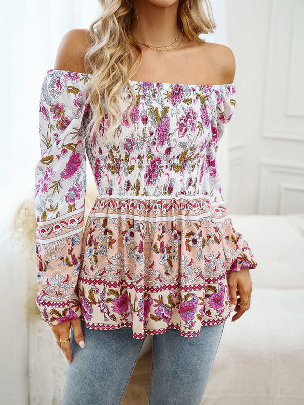 Bohemian Women's Fall Off the Shoulder Floral Square Neck Long Sleeve Top