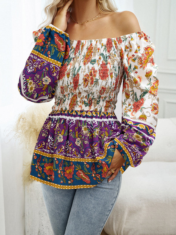 Bohemian Women's Fall Off the Shoulder Floral Square Neck Long Sleeve Top