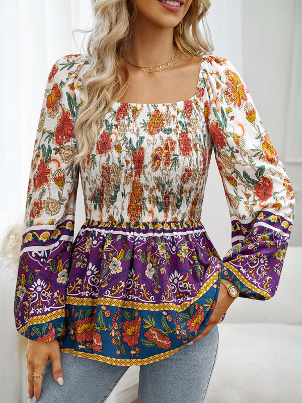 Bohemian Women's Fall Off the Shoulder Floral Square Neck Long Sleeve Top