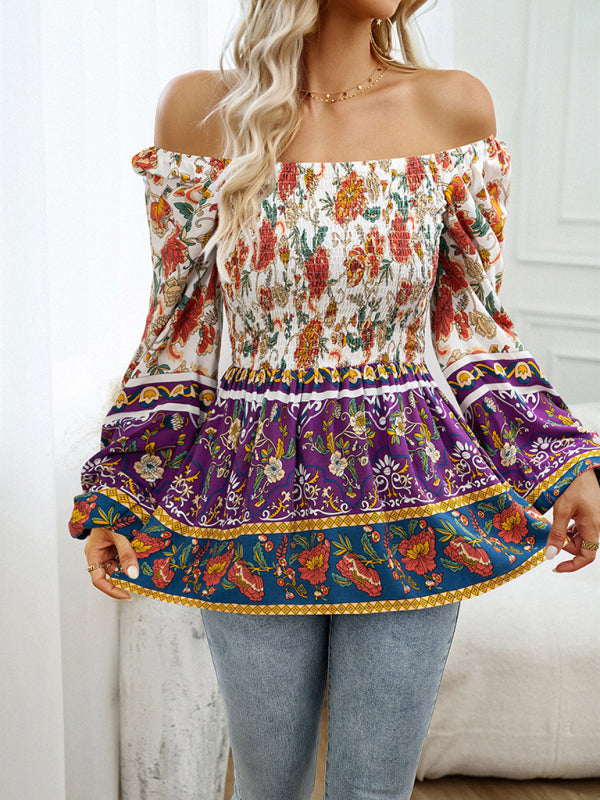 Bohemian Women's Fall Off the Shoulder Floral Square Neck Long Sleeve Top
