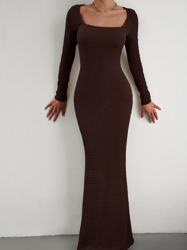 Boho Sexy Fit Square Neck Long Sleeve Maxi Dress
