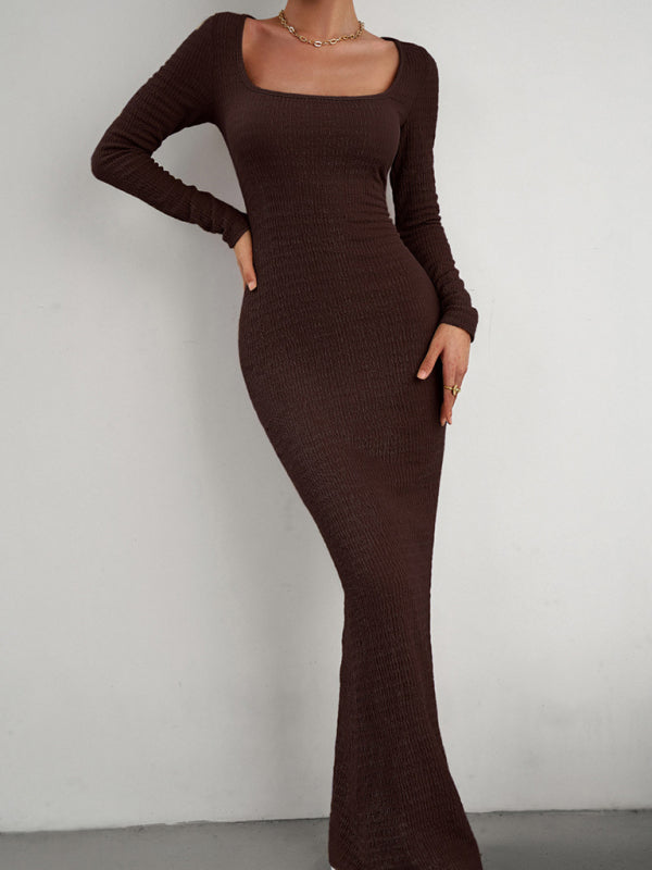 Boho Sexy Fit Square Neck Long Sleeve Maxi Dress
