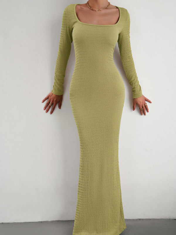 Boho Sexy Fit Square Neck Long Sleeve Maxi Dress
