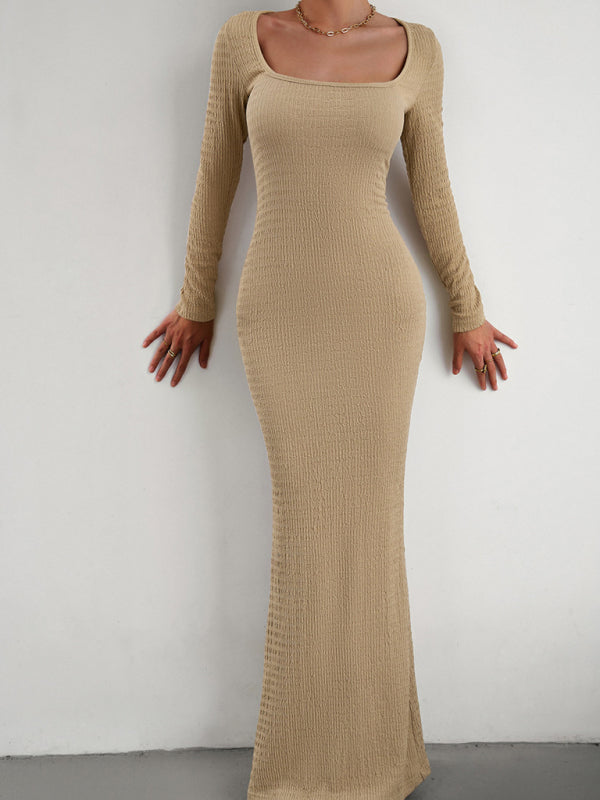 Boho Sexy Fit Square Neck Long Sleeve Maxi Dress