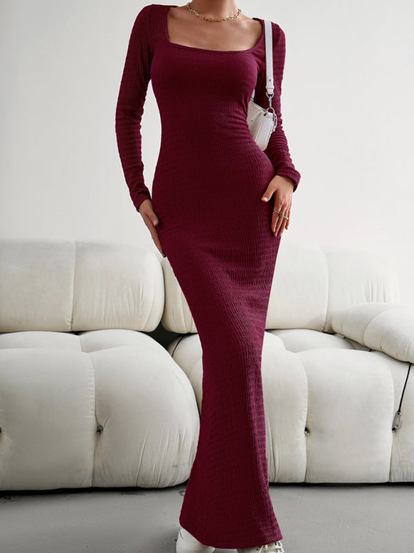 Boho Sexy Fit Square Neck Long Sleeve Maxi Dress