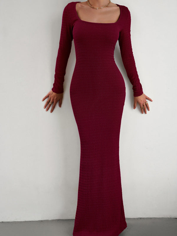 Boho Sexy Fit Square Neck Long Sleeve Maxi Dress