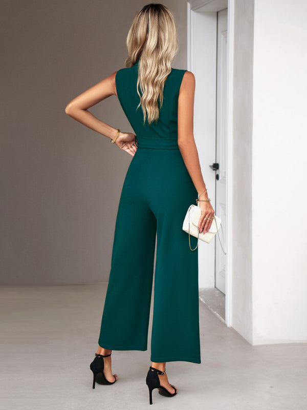 Bohemian Sleeveless Surplice Neck Career Jumpsuit