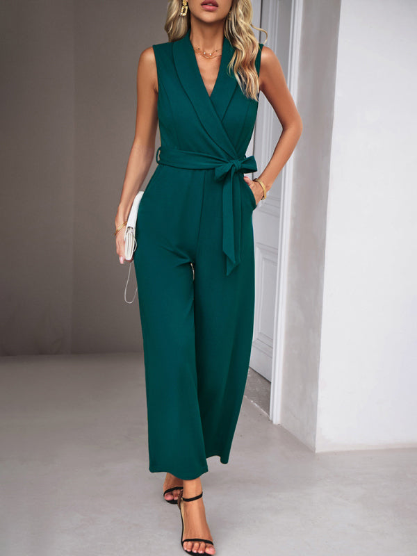Bohemian Sleeveless Surplice Neck Career Jumpsuit
