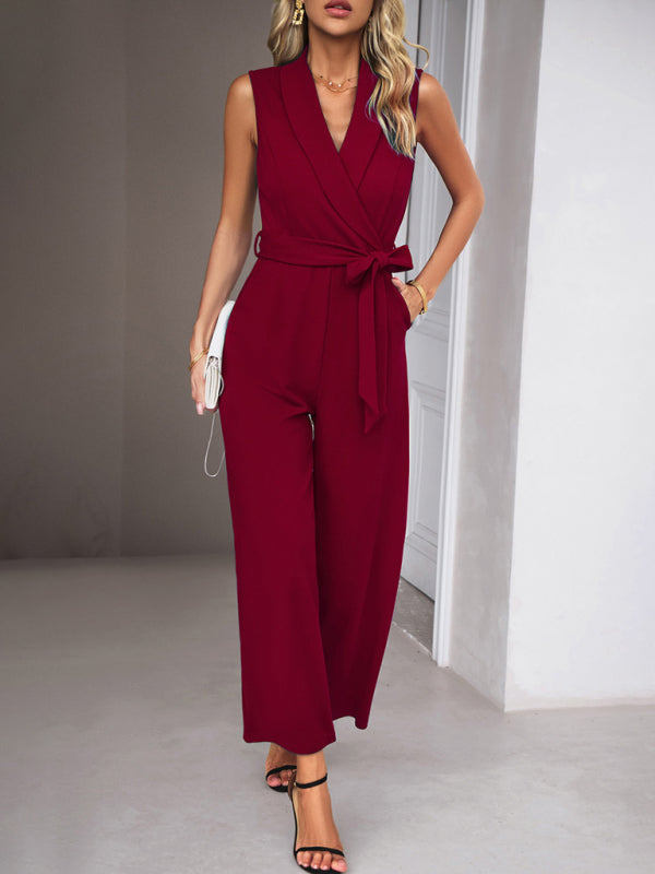 Bohemian Sleeveless Surplice Neck Career Jumpsuit